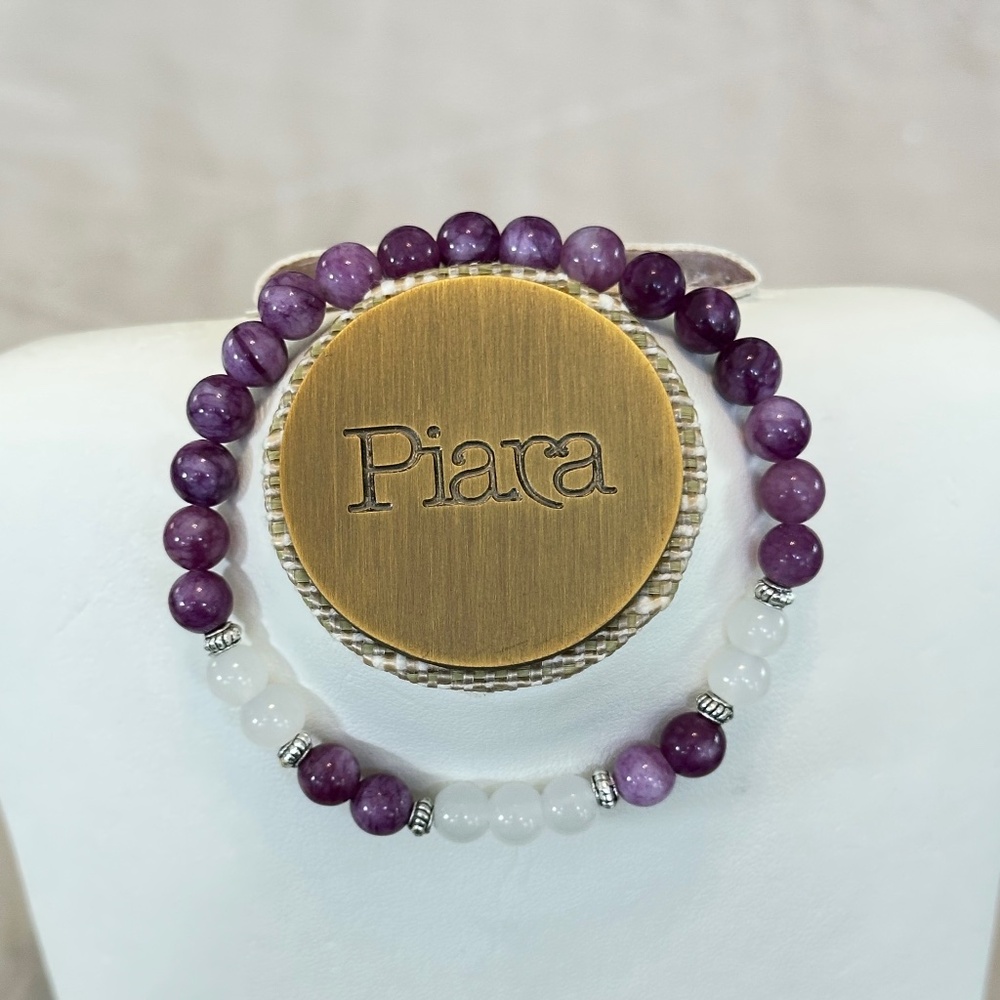 Lepidolite & Clear Quartz stone stretchy bracelet (purple & clear) round beads - Picture 6 of 11